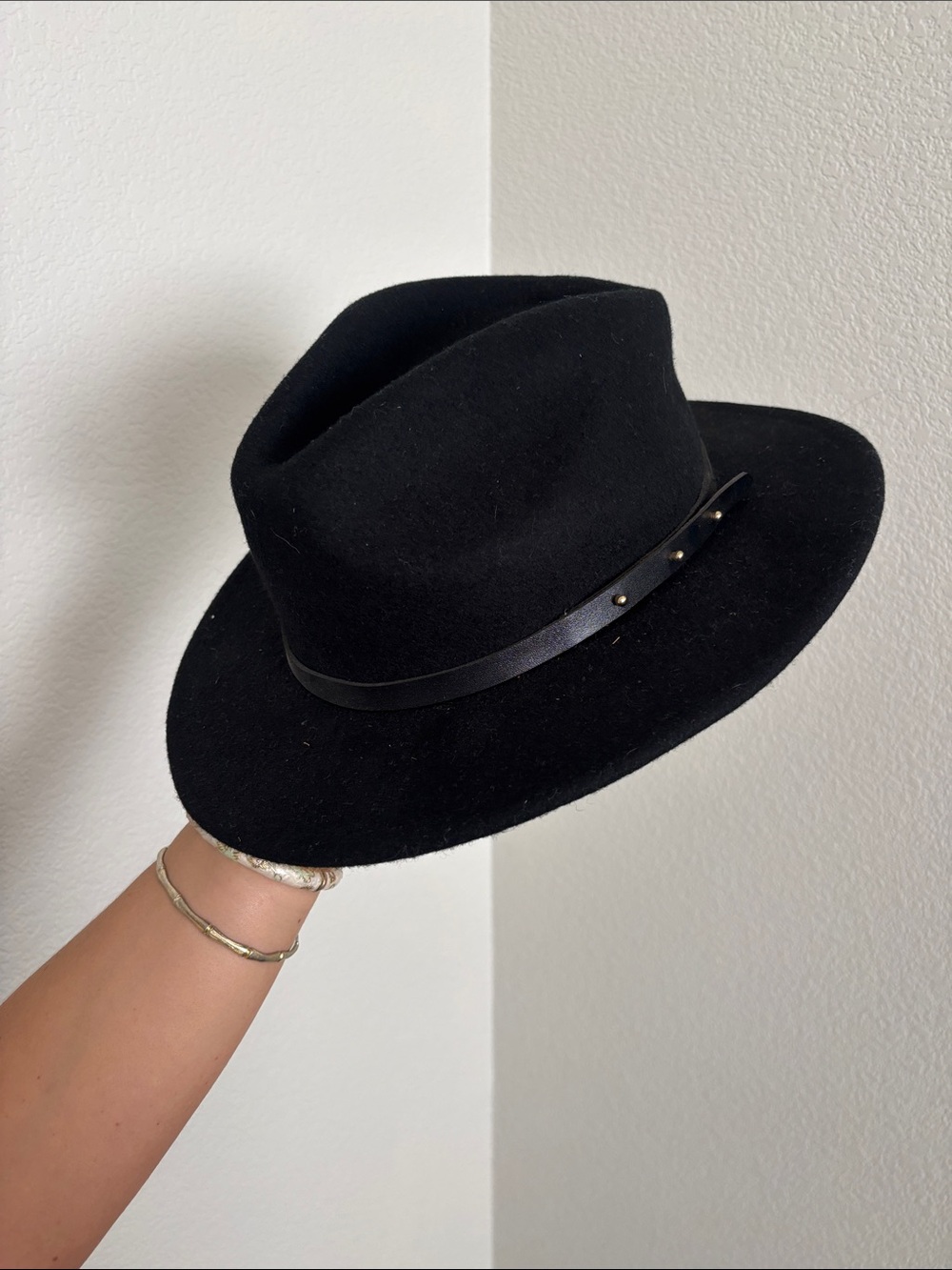 Women’s Black Felt Fedora Hat with Leather Band